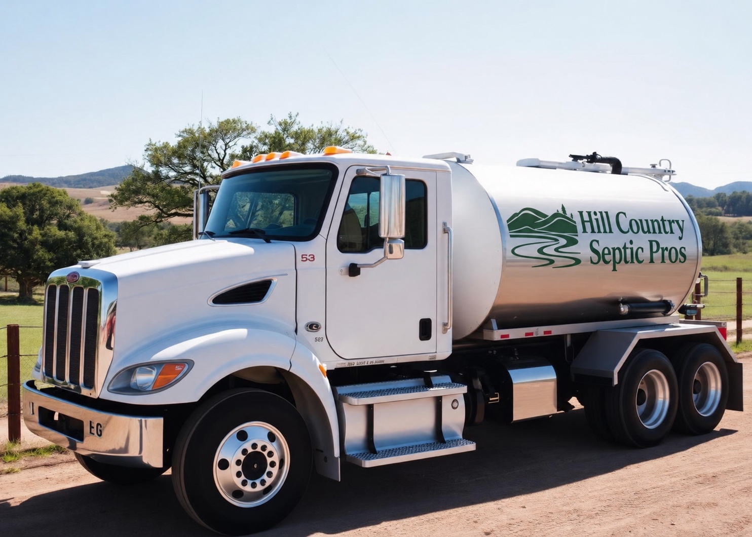 Hill Country Septic Pros pump truck parked at a rural Central Texas property